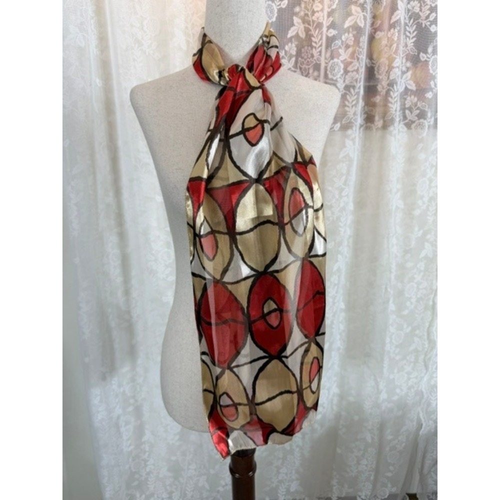 Vintage Geometric Abstract Print Scarf Red Gold Sheer Rectangular Wrap Accessory
